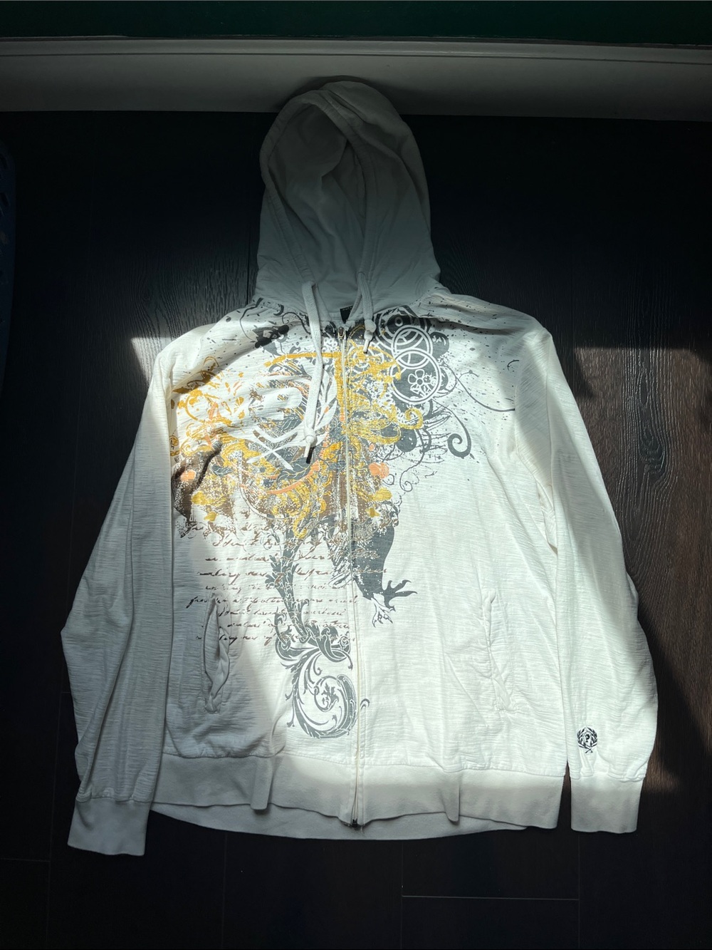 Phat Farm Classics White Zip Hoodie with Gold, Grey, and Brown Graphic